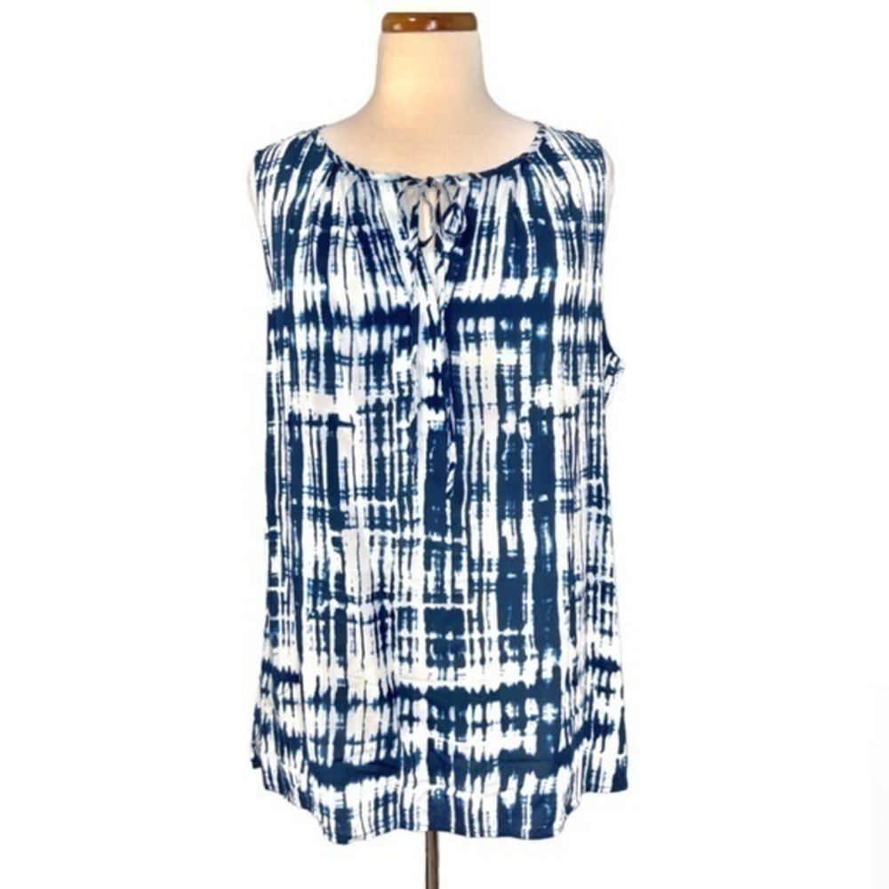 Crosby Blue & White Tie Dye Sleeveless Tie Front Lightweight Summer Rayon Top XL